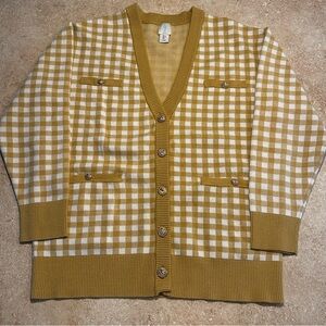 Joie Plaid Yellow and White Cardigan with Gold Buttons
